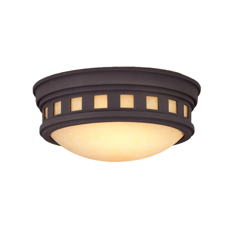 Drum Ceiling Flush Light Rustic Style Metal and Opal Glass Bronze/Gold Outdoor Flush Mount Light for Porch Clearhalo 'Ceiling Lights' 'Close To Ceiling Lights' 'Close to ceiling' 'Flush mount' Lighting' 438584