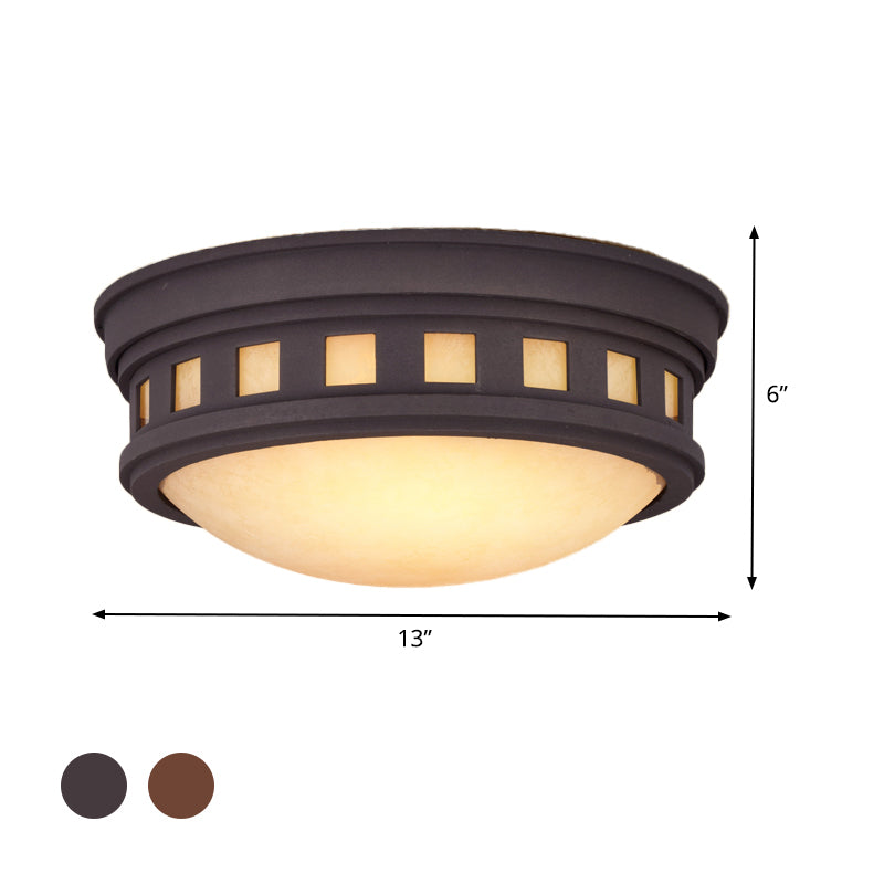 Drum Ceiling Flush Light Rustic Style Metal and Opal Glass Bronze/Gold Outdoor Flush Mount Light for Porch Clearhalo 'Ceiling Lights' 'Close To Ceiling Lights' 'Close to ceiling' 'Flush mount' Lighting' 438586