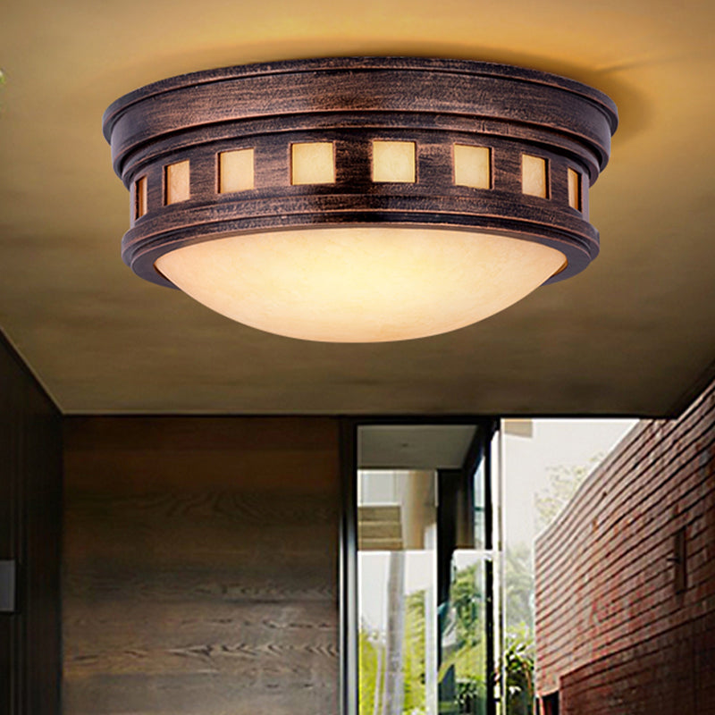 Drum Ceiling Flush Light Rustic Style Metal and Opal Glass Bronze/Gold Outdoor Flush Mount Light for Porch Gold Clearhalo 'Ceiling Lights' 'Close To Ceiling Lights' 'Close to ceiling' 'Flush mount' Lighting' 438587