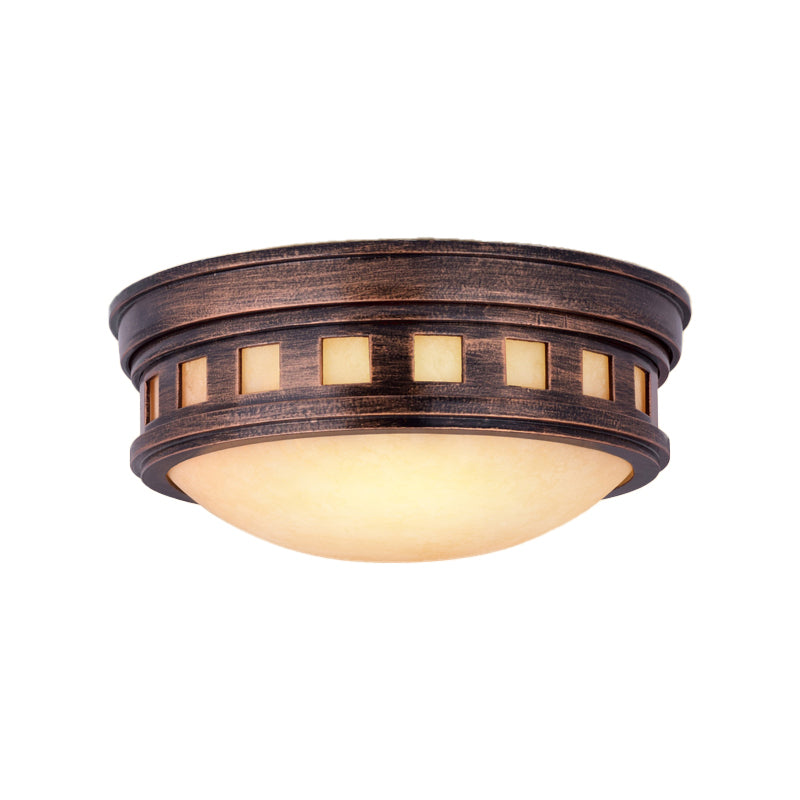 Drum Ceiling Flush Light Rustic Style Metal and Opal Glass Bronze/Gold Outdoor Flush Mount Light for Porch Clearhalo 'Ceiling Lights' 'Close To Ceiling Lights' 'Close to ceiling' 'Flush mount' Lighting' 438589
