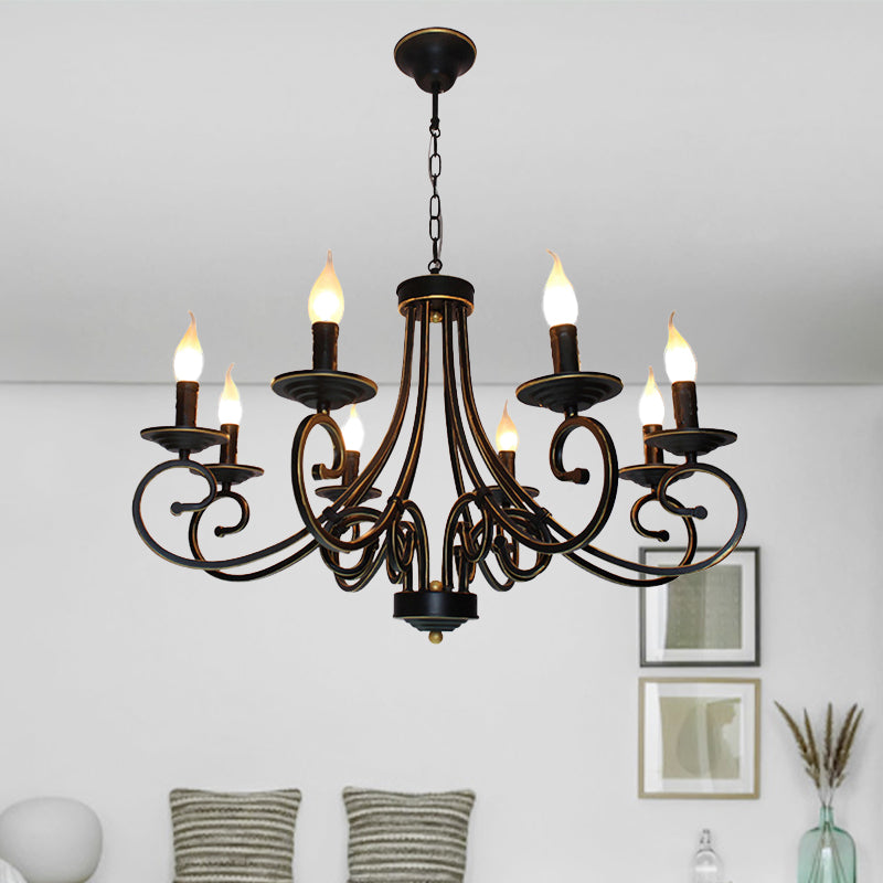 Vintage Style Exposed Chandelier Light with Candle 6/8 Heads Iron Hanging Ceiling Light in Black Clearhalo 'Cast Iron' 'Ceiling Lights' 'Chandeliers' 'Industrial Chandeliers' 'Industrial' 'Metal' 'Middle Century Chandeliers' 'Rustic Chandeliers' 'Tiffany' Lighting' 438593