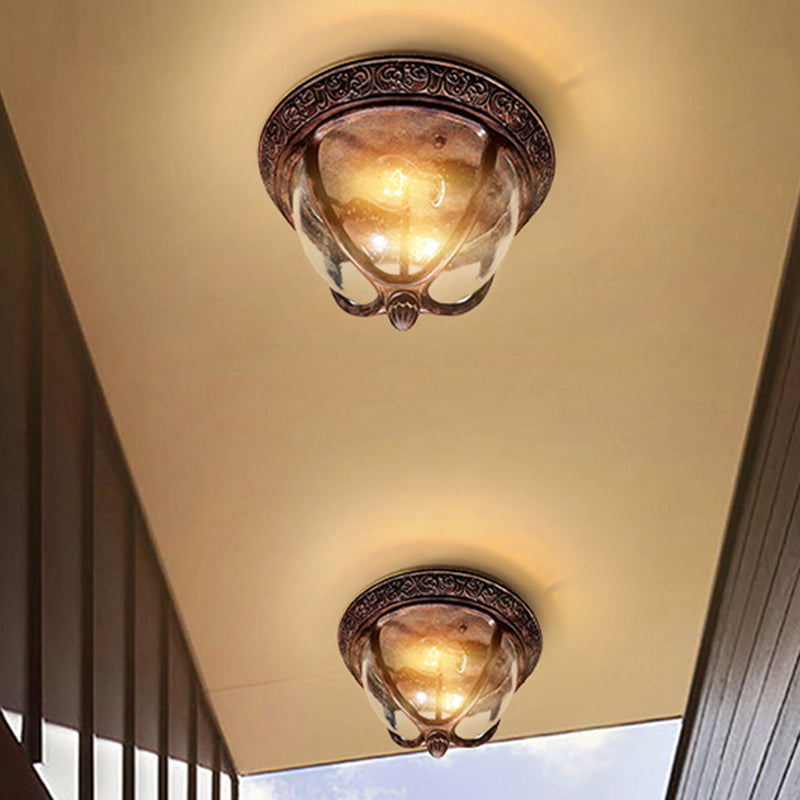 Copper Bowl Flush Lighting Vintage Seeded Glass 2 Bulbs Outdoor Flush Lighting for Balcony Clearhalo 'Ceiling Lights' 'Close To Ceiling Lights' 'Close to ceiling' 'Flush mount' Lighting' 438601