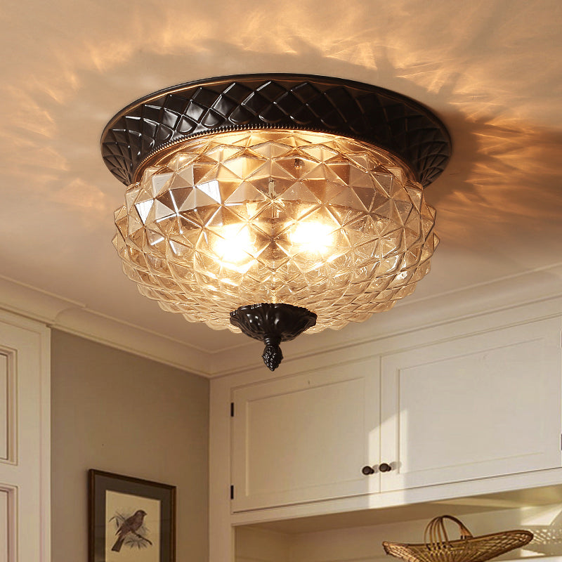 Industrial Bowl Flush Ceiling Light Clear Prismatic Glass 2 Lights Foyer Flushmount Light in Black Clearhalo 'Ceiling Lights' 'Close To Ceiling Lights' 'Close to ceiling' 'Flush mount' Lighting' 438607