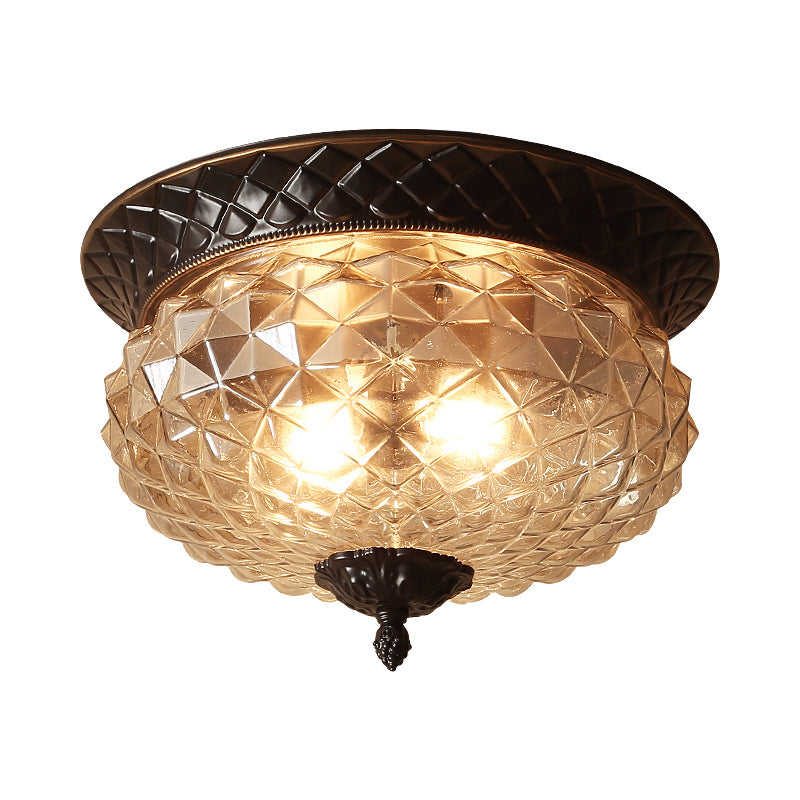 Industrial Bowl Flush Ceiling Light Clear Prismatic Glass 2 Lights Foyer Flushmount Light in Black Clearhalo 'Ceiling Lights' 'Close To Ceiling Lights' 'Close to ceiling' 'Flush mount' Lighting' 438609