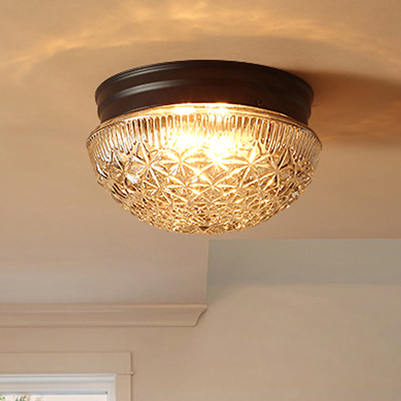 Clear Textured Glass Dome Flushmount Industrial 2 Bulbs Flush Ceiling Light in Matte Black Clearhalo 'Ceiling Lights' 'Close To Ceiling Lights' 'Close to ceiling' 'Flush mount' Lighting' 438613