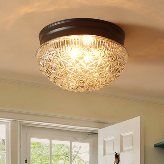 Clear Textured Glass Dome Flushmount Industrial 2 Bulbs Flush Ceiling Light in Matte Black Clearhalo 'Ceiling Lights' 'Close To Ceiling Lights' 'Close to ceiling' 'Flush mount' Lighting' 438614