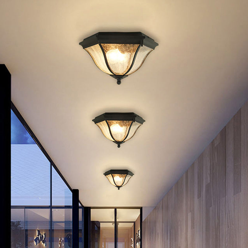 2 Bulbs Geometric Flush Lighting with Seeded Glass Shade Traditional Black Outdoor Ceiling Light for Balcony Clearhalo 'Ceiling Lights' 'Close To Ceiling Lights' 'Close to ceiling' 'Flush mount' Lighting' 438625