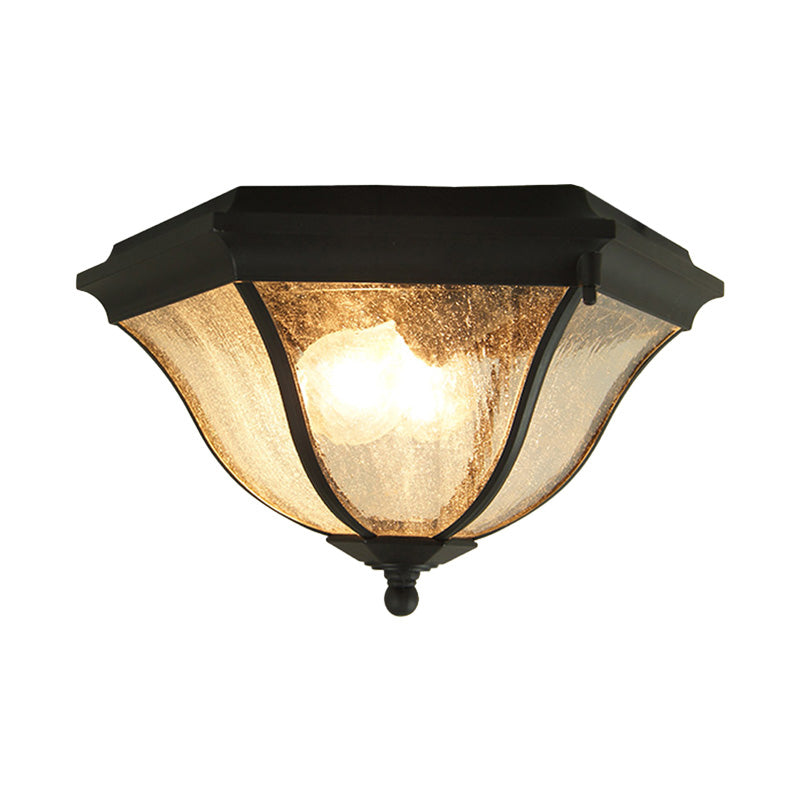 2 Bulbs Geometric Flush Lighting with Seeded Glass Shade Traditional Black Outdoor Ceiling Light for Balcony Clearhalo 'Ceiling Lights' 'Close To Ceiling Lights' 'Close to ceiling' 'Flush mount' Lighting' 438626