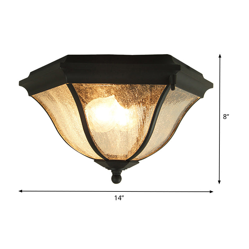 2 Bulbs Geometric Flush Lighting with Seeded Glass Shade Traditional Black Outdoor Ceiling Light for Balcony Clearhalo 'Ceiling Lights' 'Close To Ceiling Lights' 'Close to ceiling' 'Flush mount' Lighting' 438627