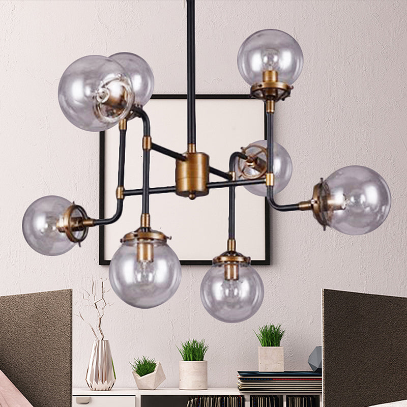 Black/Chrome/Clear Glass Globe Hanging Chandelier Industrial 8/9-Light Living Room Pendant Light Clearhalo 'Ceiling Lights' 'Chandeliers' 'Clear' 'Close To Ceiling Lights' 'Glass shade' 'Glass' 'Industrial Chandeliers' 'Industrial' 'Middle Century Chandeliers' 'Modern' 'Tiffany' 'Traditional Chandeliers' Lighting' 438636