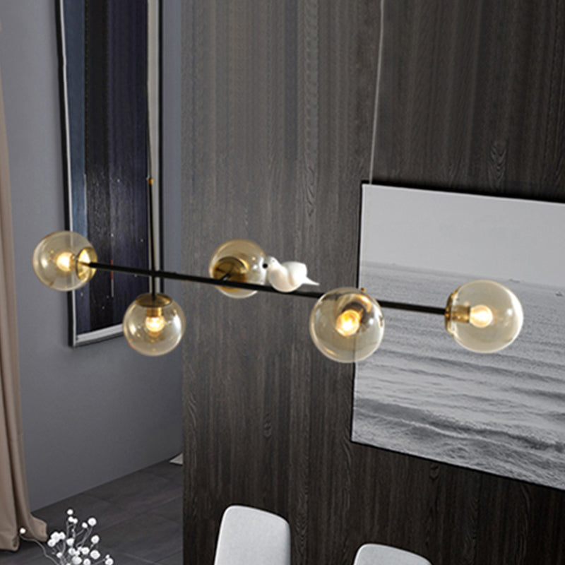 Industrial 5-Light Island Pendant with Amber/Milky White/Smoke Grey Glass Shade Brass Sphere Ceiling Light with Adjustable Cord Clearhalo 'Ceiling Lights' 'Close To Ceiling Lights' 'Glass shade' 'Glass' 'Island Lights' Lighting' 438698