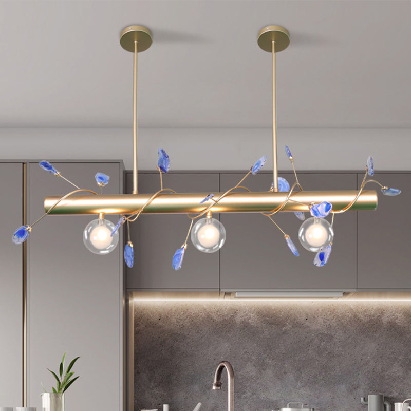 Iron Branch Island Pendant Contemporary 3-Light Ceiling Light Fixture in Pink/Yellow/Orange with Clear Glass Ball Shade Clearhalo 'Ceiling Lights' 'Close To Ceiling Lights' 'Glass shade' 'Glass' 'Island Lights' Lighting' 438754