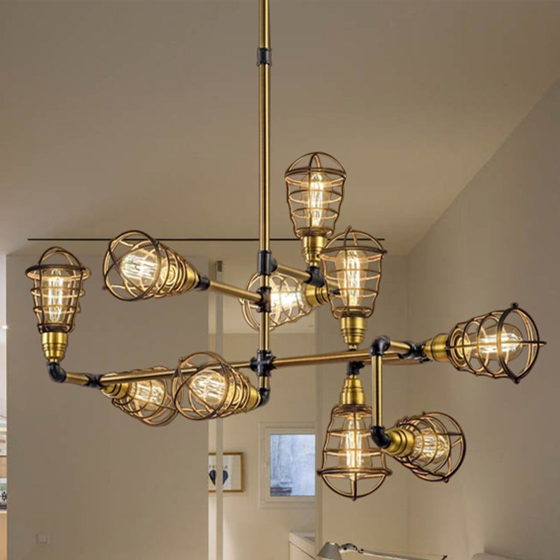 Multi Light Caged Chandelier Lighting with Bulb Shaped Vintage Loft Brushed Brass Metallic Mini Pendant Lamp Clearhalo 'Cast Iron' 'Ceiling Lights' 'Chandeliers' 'Industrial Chandeliers' 'Industrial' 'Metal' 'Middle Century Chandeliers' 'Rustic Chandeliers' 'Tiffany' Lighting' 438761