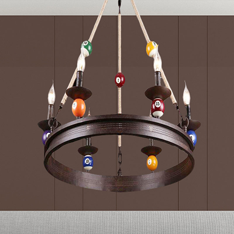 6 Bulbs Chandelier Lighting Industrial Ring Metallic Pendant Light Fixture with Rope and Billiard Ball Deco in Rust Clearhalo 'Cast Iron' 'Ceiling Lights' 'Chandeliers' 'Industrial Chandeliers' 'Industrial' 'Metal' 'Middle Century Chandeliers' 'Rustic Chandeliers' 'Tiffany' Lighting' 438762