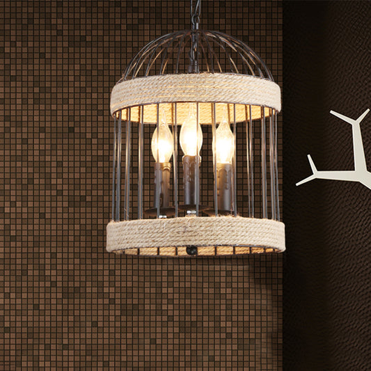 3 Bulbs Birdcage Ceiling Light Vintage Black Finish Metal and Rope Hanging Lamp with Chain for Dining Room Clearhalo 'Cast Iron' 'Ceiling Lights' 'Chandeliers' 'Industrial Chandeliers' 'Industrial' 'Metal' 'Middle Century Chandeliers' 'Rustic Chandeliers' 'Tiffany' Lighting' 438780