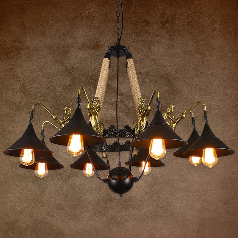 Industrial Bell Chandelier Light 6/8 Bulbs Metal and Rope Suspension Light with Mermaid Deco in Black Clearhalo 'Cast Iron' 'Ceiling Lights' 'Chandeliers' 'Industrial Chandeliers' 'Industrial' 'Metal' 'Middle Century Chandeliers' 'Rustic Chandeliers' 'Tiffany' Lighting' 438788