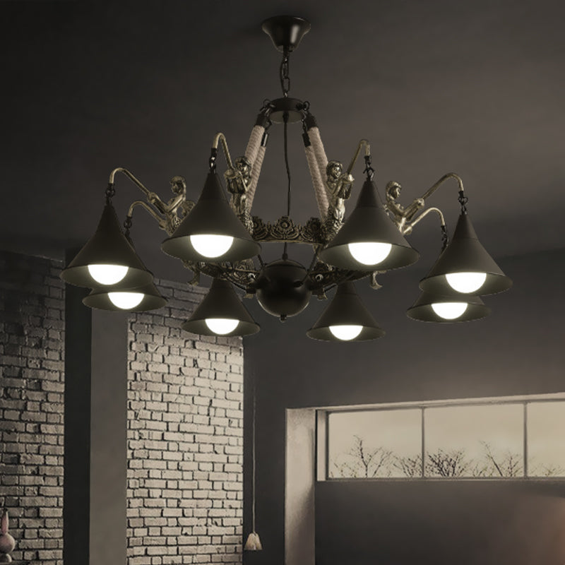 Industrial Bell Chandelier Light 6/8 Bulbs Metal and Rope Suspension Light with Mermaid Deco in Black Clearhalo 'Cast Iron' 'Ceiling Lights' 'Chandeliers' 'Industrial Chandeliers' 'Industrial' 'Metal' 'Middle Century Chandeliers' 'Rustic Chandeliers' 'Tiffany' Lighting' 438789