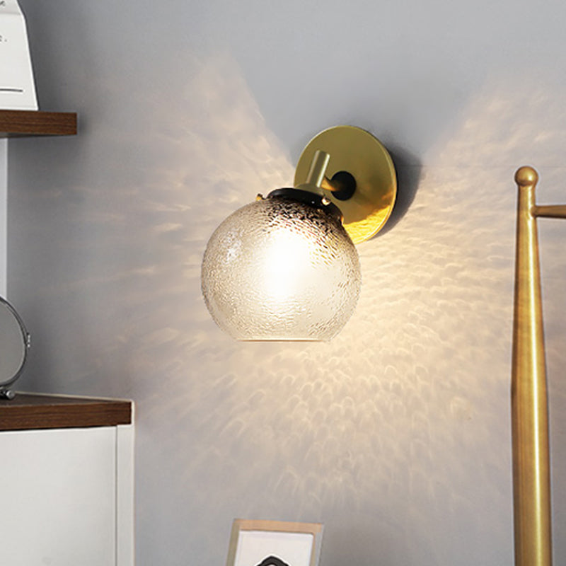 Clear Textured Glass Sphere Wall Lighting Modern Vintage Single Light Mini Wall Mount Light in Gold - Clearhalo - 'Cast Iron' - 'Glass' - 'Industrial' - 'Modern wall lights' - 'Modern' - 'Tiffany' - 'Traditional wall lights' - 'Vanity Lights' - 'Wall Lights' - Lighting' - 438791