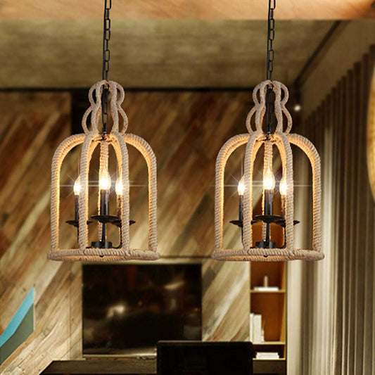 3 Heads Pendant Light Fixture Retro Style Birdcage Rope Hanging Lamp in Brown for Dining Room Clearhalo 'Ceiling Lights' 'Chandeliers' 'Industrial Chandeliers' 'Industrial' 'Middle Century Chandeliers' 'Tiffany' Lighting' 438793