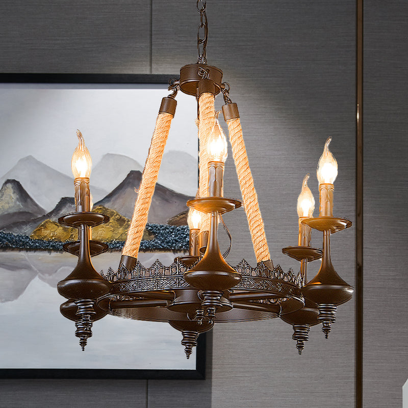 Retro Industrial Exposed Bulb Hanging Pendant 3/6 Heads Metal Ceiling Fixture with Rope for Living Room Clearhalo 'Cast Iron' 'Ceiling Lights' 'Chandeliers' 'Industrial Chandeliers' 'Industrial' 'Metal' 'Middle Century Chandeliers' 'Rustic Chandeliers' 'Tiffany' Lighting' 438795