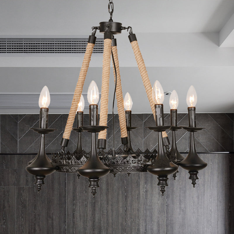 Retro Industrial Exposed Bulb Hanging Pendant 3/6 Heads Metal Ceiling Fixture with Rope for Living Room Clearhalo 'Cast Iron' 'Ceiling Lights' 'Chandeliers' 'Industrial Chandeliers' 'Industrial' 'Metal' 'Middle Century Chandeliers' 'Rustic Chandeliers' 'Tiffany' Lighting' 438796
