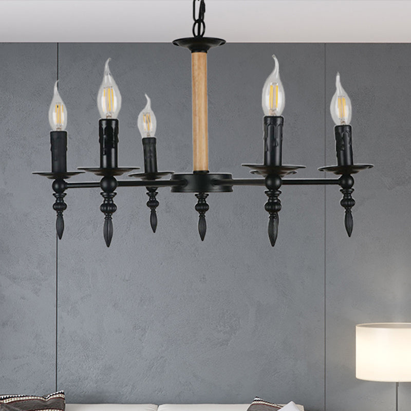 Black Finish Candle Chandelier Lamp Antique Metal and Wood 6 Heads Restaurant Chandelier Pendant Light Clearhalo 'Cast Iron' 'Ceiling Lights' 'Chandeliers' 'Industrial Chandeliers' 'Industrial' 'Metal' 'Middle Century Chandeliers' 'Rustic Chandeliers' 'Tiffany' Lighting' 438810
