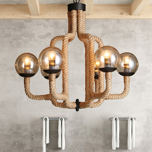 Brown Roped Caged Ceiling Pendant Light Vintage 6 Lights Restaurant Chandelier Lamp with Glass Ball Shade Clearhalo 'Ceiling Lights' 'Chandeliers' 'Industrial Chandeliers' 'Industrial' 'Middle Century Chandeliers' 'Tiffany' Lighting' 438812