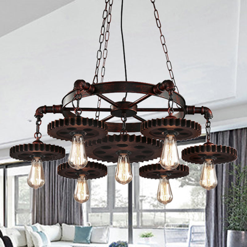 Gear Design Wrought Iron Chandelier Light Retro Style 7 Heads Living Room Pendant Lamp in Rust Clearhalo 'Cast Iron' 'Ceiling Lights' 'Chandeliers' 'Industrial Chandeliers' 'Industrial' 'Metal' 'Middle Century Chandeliers' 'Rustic Chandeliers' 'Tiffany' Lighting' 438815