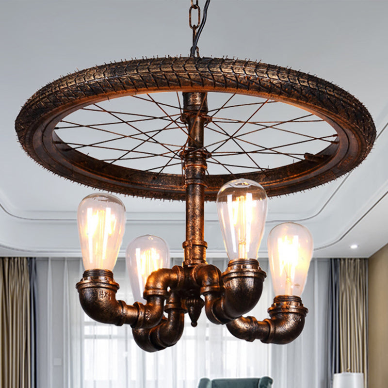 Wheel Design Living Room Chandelier Lamp Vintage Style Metal 4 Lights Rust Pendant Light with Pipe Clearhalo 'Cast Iron' 'Ceiling Lights' 'Chandeliers' 'Industrial Chandeliers' 'Industrial' 'Metal' 'Middle Century Chandeliers' 'Rustic Chandeliers' 'Tiffany' Lighting' 438816