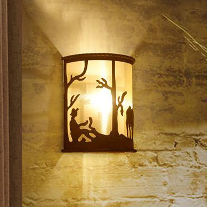 Rust One Light Sconce Light Retro Metal Half Cylinder Lighting Fixture with Tree/Elk Pattern Clearhalo 'Art deco wall lights' 'Cast Iron' 'Glass' 'Industrial wall lights' 'Industrial' 'Middle century wall lights' 'Modern' 'Rustic wall lights' 'Tiffany' 'Traditional wall lights' 'Wall Lamps & Sconces' 'Wall Lights' Lighting' 438826