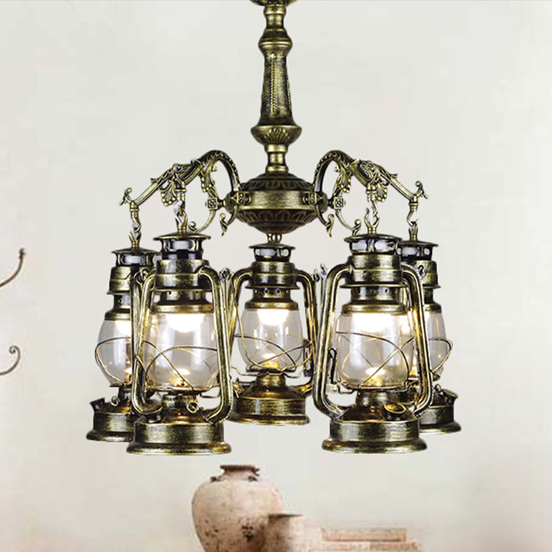 5 Lights Clear Glass Pendant Chandelier Antique Stylish Bronze/Copper Kerosene Dining Room Hanging Ceiling Fixture Clearhalo 'Cast Iron' 'Ceiling Lights' 'Chandeliers' 'Industrial Chandeliers' 'Industrial' 'Metal' 'Middle Century Chandeliers' 'Rustic Chandeliers' 'Tiffany' Lighting' 438843