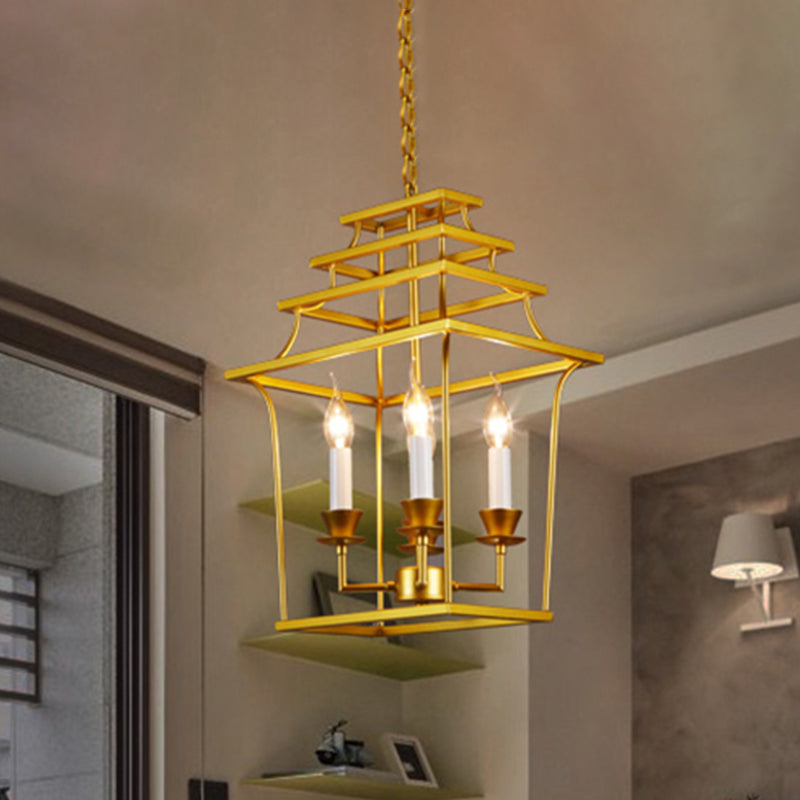 Golden Lantern Cage Hanging Lamp Vintage Stylish Metal 4 Lights Living Room Pendant Lighting Clearhalo 'Cast Iron' 'Ceiling Lights' 'Chandeliers' 'Industrial Chandeliers' 'Industrial' 'Metal' 'Middle Century Chandeliers' 'Rustic Chandeliers' 'Tiffany' Lighting' 438845