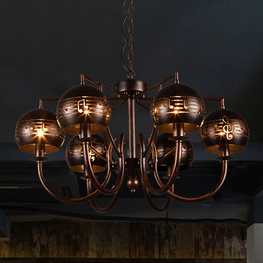 Retro Domed Shade Chandelier with Musical Note Metal 6-Light Rust Pendant Light for Restaurant Clearhalo 'Cast Iron' 'Ceiling Lights' 'Chandeliers' 'Industrial Chandeliers' 'Industrial' 'Metal' 'Middle Century Chandeliers' 'Rustic Chandeliers' 'Tiffany' Lighting' 438846