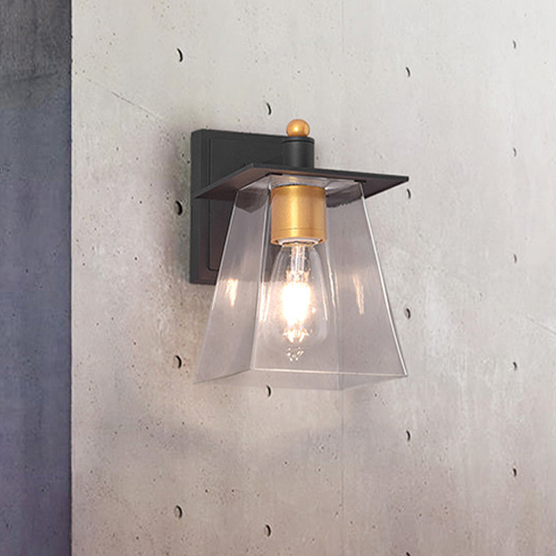 Clear Glass Black Wall Sconce Lighting Cylinder/Semicircle/Square 1-Light Industrial Light Fixture, 6"/8" Wide Clearhalo 'Art deco wall lights' 'Cast Iron' 'Glass' 'Industrial wall lights' 'Industrial' 'Middle century wall lights' 'Modern' 'Rustic wall lights' 'Tiffany' 'Traditional wall lights' 'Wall Lamps & Sconces' 'Wall Lights' Lighting' 438856
