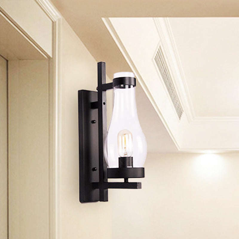 One Bulb Clear Glass Sconce Vintage Industrial Black Vase/Birdcage/Oval Corridor Wall Lamp Clearhalo 'Art deco wall lights' 'Cast Iron' 'Glass' 'Industrial wall lights' 'Industrial' 'Middle century wall lights' 'Modern' 'Rustic wall lights' 'Tiffany' 'Traditional wall lights' 'Wall Lamps & Sconces' 'Wall Lights' Lighting' 438859