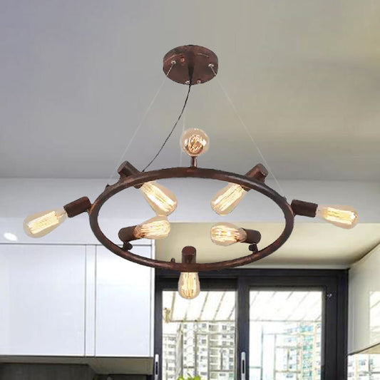 8/12 Lights Circular Hanging Light with Open Bulb Antique Stylish Dark Rust Wrought Iron Chandelier Light Fixture Clearhalo 'Cast Iron' 'Ceiling Lights' 'Chandeliers' 'Industrial Chandeliers' 'Industrial' 'Metal' 'Middle Century Chandeliers' 'Rustic Chandeliers' 'Tiffany' Lighting' 438860