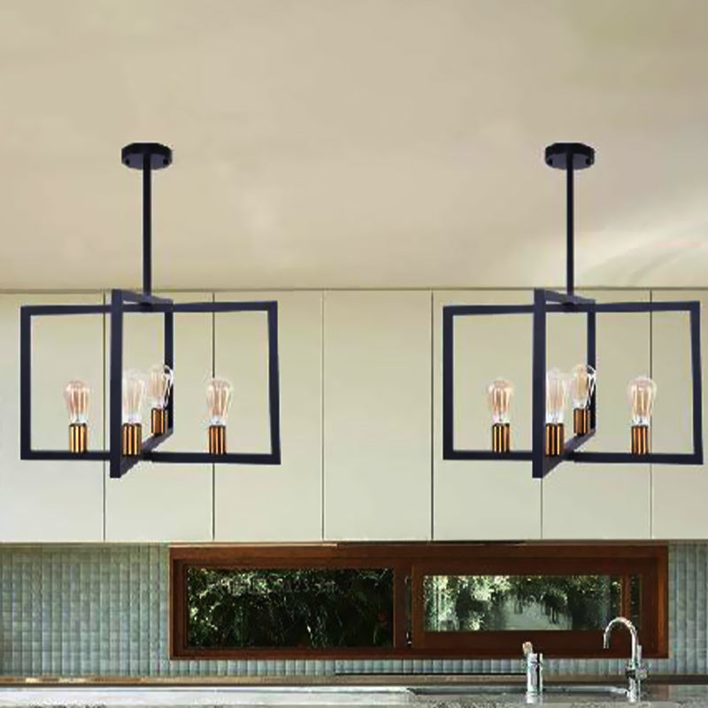 Industrial Rectangular Pendant Lighting 4 Lights Metallic Hanging Light in Black for Kitchen Clearhalo 'Cast Iron' 'Ceiling Lights' 'Chandeliers' 'Industrial Chandeliers' 'Industrial' 'Metal' 'Middle Century Chandeliers' 'Rustic Chandeliers' 'Tiffany' Lighting' 438862
