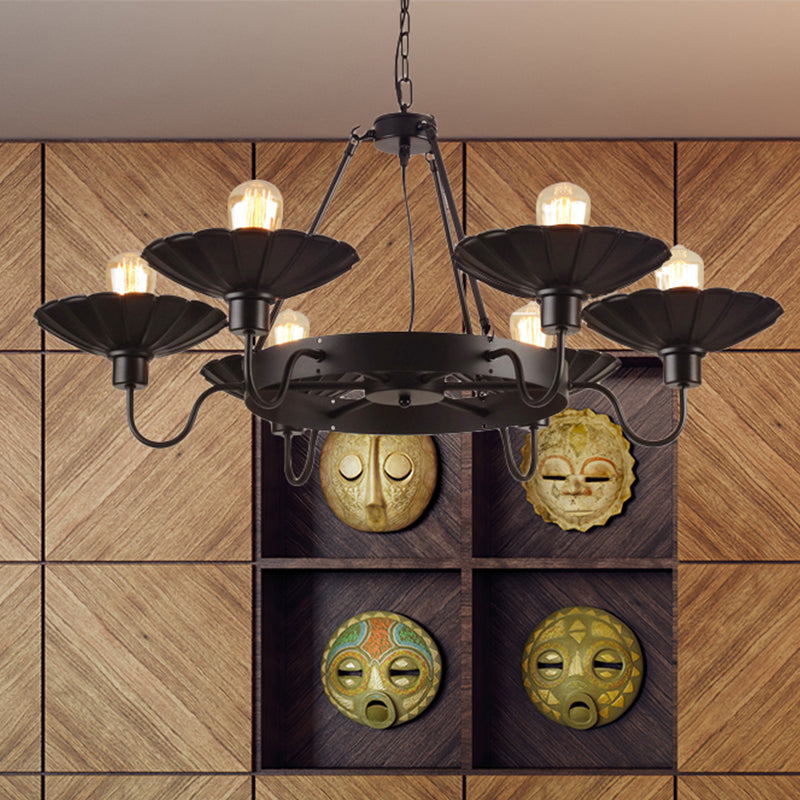 6 Heads Down/Up Light with Scalloped Shade Metallic Vintage Style Restaurant Chandelier Lighting in Black Clearhalo 'Cast Iron' 'Ceiling Lights' 'Chandeliers' 'Industrial Chandeliers' 'Industrial' 'Metal' 'Middle Century Chandeliers' 'Rustic Chandeliers' 'Tiffany' Lighting' 438868