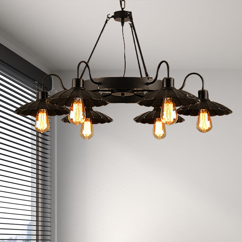 6 Heads Down/Up Light with Scalloped Shade Metallic Vintage Style Restaurant Chandelier Lighting in Black Clearhalo 'Cast Iron' 'Ceiling Lights' 'Chandeliers' 'Industrial Chandeliers' 'Industrial' 'Metal' 'Middle Century Chandeliers' 'Rustic Chandeliers' 'Tiffany' Lighting' 438869