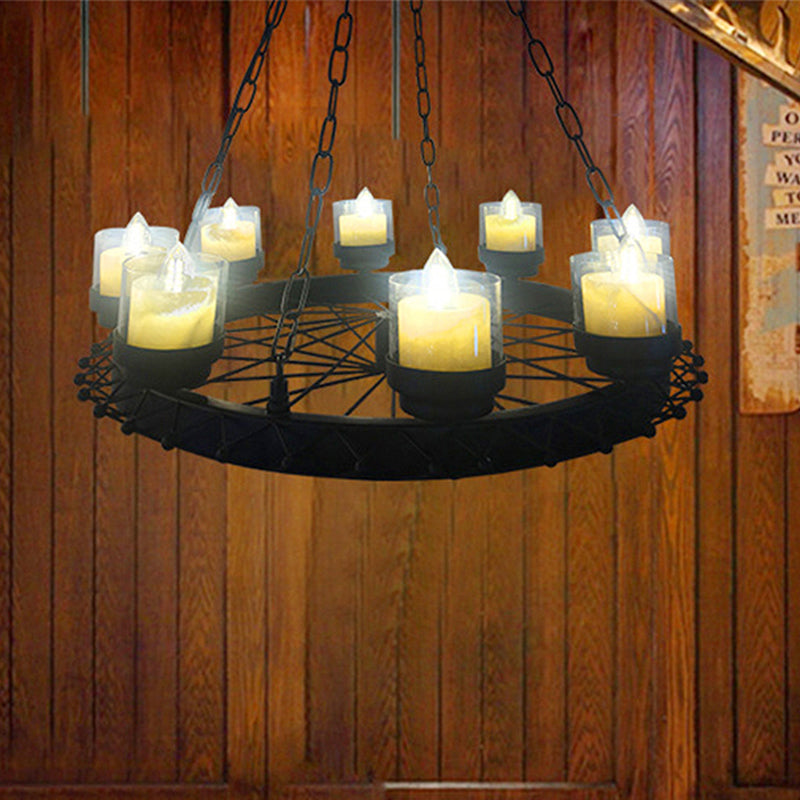 Vintage Candle Ceiling Light Fixture with Cylinder Shade and Wheel 8-Light Iron Chandelier Lighting in Black for Restaurant Clearhalo 'Cast Iron' 'Ceiling Lights' 'Chandeliers' 'Industrial Chandeliers' 'Industrial' 'Metal' 'Middle Century Chandeliers' 'Rustic Chandeliers' 'Tiffany' Lighting' 438874