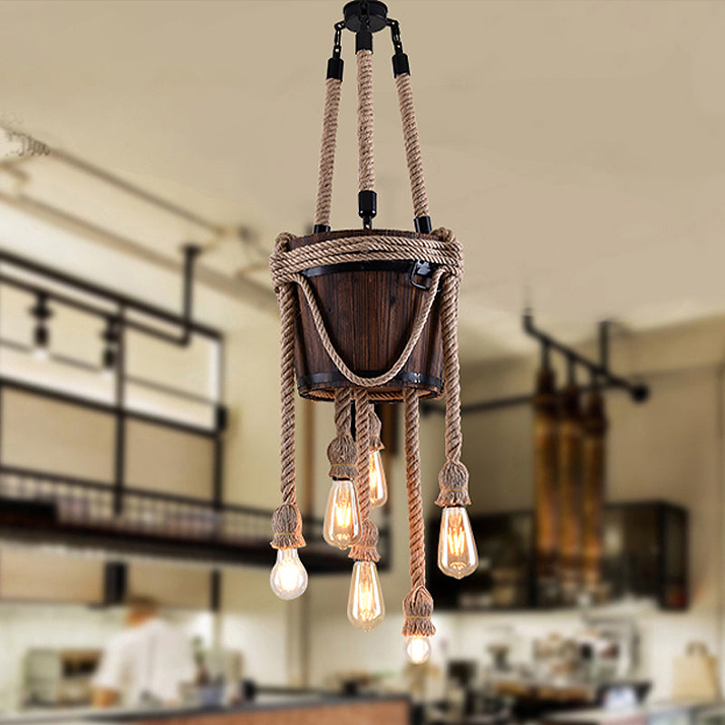 Bucket Wood Hanging Lamp Six-light Antique Chandeliers with Hemp Rope in Brown for Balcony Clearhalo 'Ceiling Lights' 'Chandeliers' 'Industrial Chandeliers' 'Industrial' 'Middle Century Chandeliers' 'Tiffany' Lighting' 438891