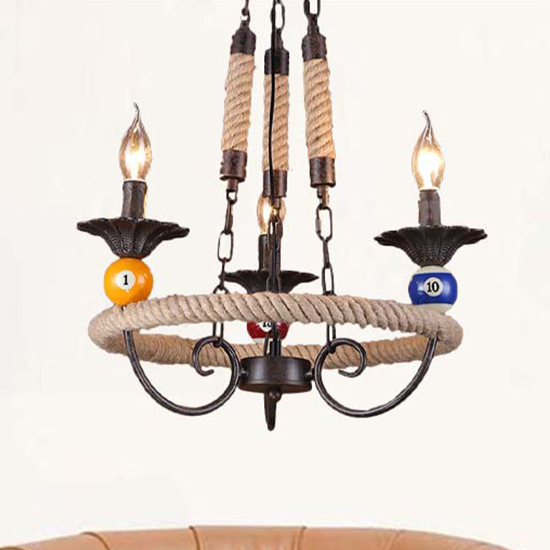 Roped Ring Bar Hanging Lamp Industrial Style Metal 3/6 Lights Rust Chandelier Lighting with Billiard Ball Decoration Clearhalo 'Cast Iron' 'Ceiling Lights' 'Chandeliers' 'Industrial Chandeliers' 'Industrial' 'Metal' 'Middle Century Chandeliers' 'Rustic Chandeliers' 'Tiffany' Lighting' 438923