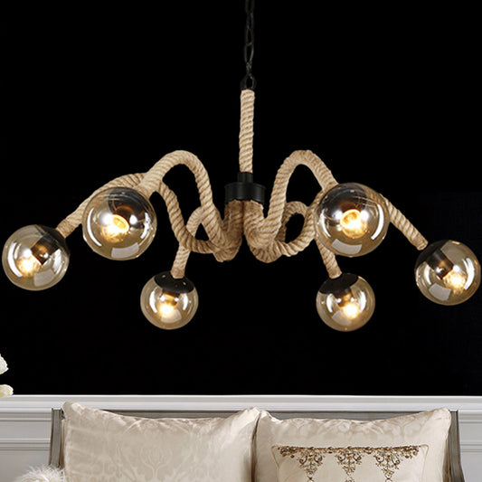 Rope Beige Chandelier Lamp Industrial Loft 6 Heads Ceiling Light with Tan Glass Round Shade for Bar Clearhalo 'Ceiling Lights' 'Chandeliers' 'Close To Ceiling Lights' 'Glass shade' 'Glass' 'Industrial Chandeliers' 'Industrial' 'Middle Century Chandeliers' 'Tiffany' Lighting' 438926