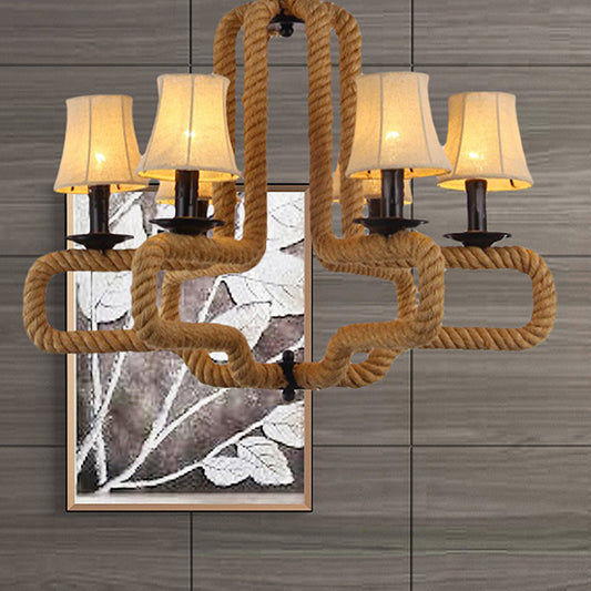 Fabric Bell Shade Hanging Chandelier Light Loft Style 6 Heads Restaurant Hanging Lamp with Rope Detail in Brown Clearhalo 'Ceiling Lights' 'Chandeliers' 'Industrial Chandeliers' 'Industrial' 'Middle Century Chandeliers' 'Tiffany' Lighting' 438941