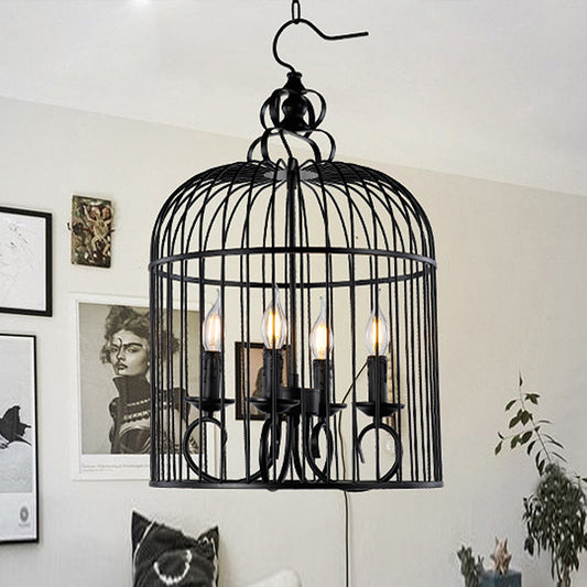 Farmhouse Birdcage Design Hanging Fixture 4 Heads Metallic Hanging Chandelier Lamp with Candle in Black Clearhalo 'Cast Iron' 'Ceiling Lights' 'Chandeliers' 'Industrial Chandeliers' 'Industrial' 'Metal' 'Middle Century Chandeliers' 'Rustic Chandeliers' 'Tiffany' Lighting' 438948