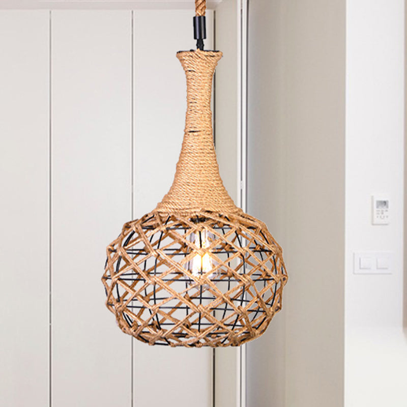 Nautical Globe Cage Hanging Pendant Light 1 Light Metal and Rope Suspension Light in Beige for Dining Room Clearhalo 'Ceiling Lights' 'Industrial Pendants' 'Industrial' 'Middle Century Pendants' 'Pendant Lights' 'Pendants' 'Tiffany' Lighting' 438964