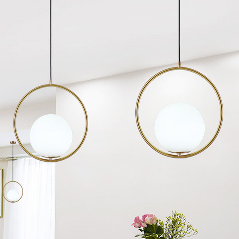 1 Head Ring Pendant Lighting with Globe Opal Glass Shade Retro Industrial Gold Suspension Light, 12"/14" Width Clearhalo 'Ceiling Lights' 'Close To Ceiling Lights' 'Glass shade' 'Glass' 'Industrial Pendants' 'Industrial' 'Middle Century Pendants' 'Pendant Lights' 'Pendants' 'Tiffany' Lighting' 438971