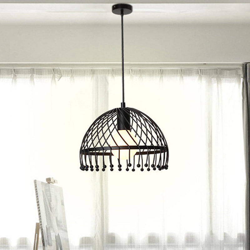 1 Light Dome Caged Pendant Lamp Retro Loft Black Finish Metal Hanging Ceiling Light for Living Room Clearhalo 'Art Deco Pendants' 'Black' 'Cast Iron' 'Ceiling Lights' 'Ceramic' 'Crystal' 'Industrial Pendants' 'Industrial' 'Metal' 'Middle Century Pendants' 'Pendant Lights' 'Pendants' 'Rustic Pendants' 'Tiffany' Lighting' 438980