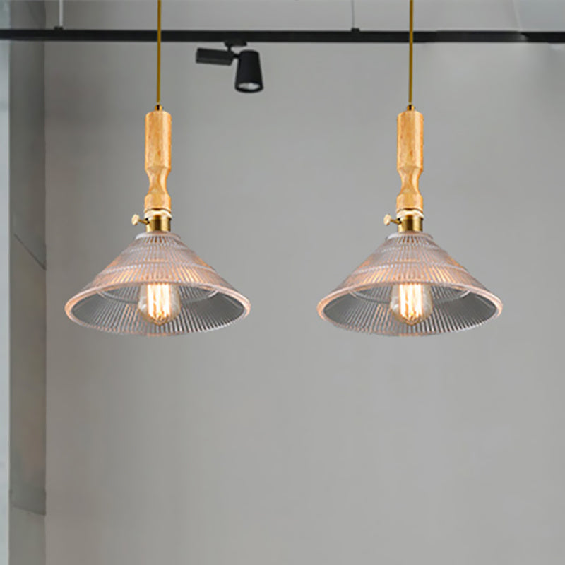 Cone Dining Room Hanging Light Kit Contemporary Ribbed Glass 1 Light Brass Pendant Lighting with Wood Cap Clearhalo 'Ceiling Lights' 'Glass shade' 'Glass' 'Industrial Pendants' 'Industrial' 'Middle Century Pendants' 'Pendant Lights' 'Pendants' 'Tiffany' Lighting' 438985