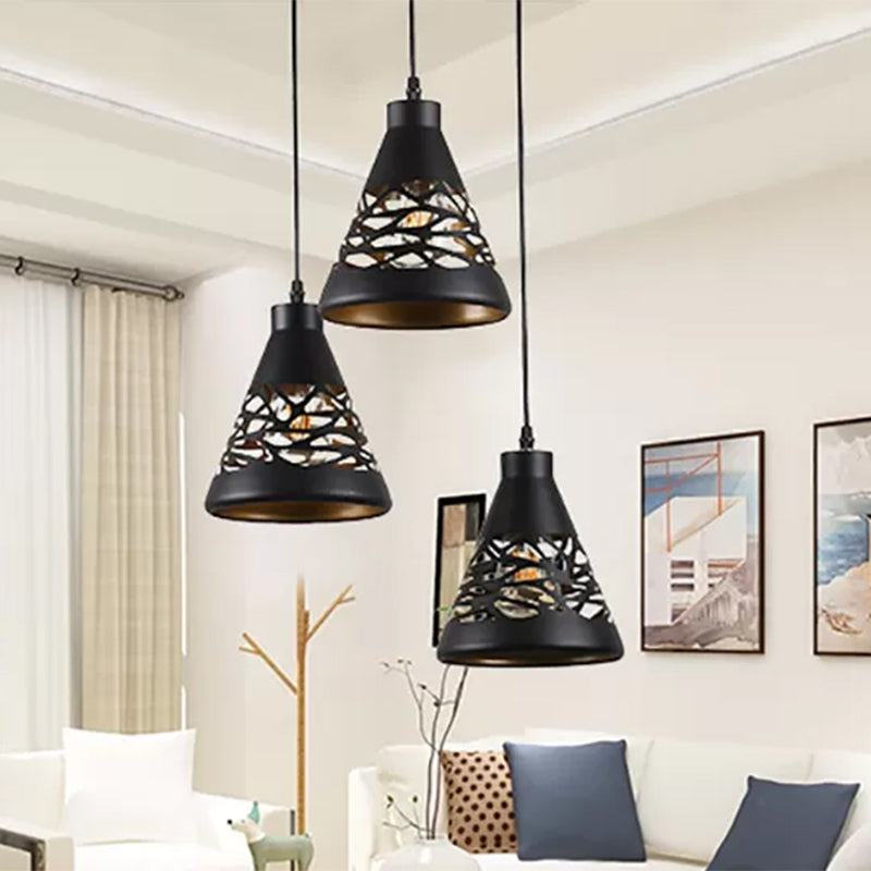 Black Conical Hanging Light with Hollow Out Design Industrial 3 Lights Ceiling Light Clearhalo 'Art Deco Pendants' 'Black' 'Cast Iron' 'Ceiling Lights' 'Ceramic' 'Crystal' 'Industrial Pendants' 'Industrial' 'Metal' 'Middle Century Pendants' 'Pendant Lights' 'Pendants' 'Rustic Pendants' 'Tiffany' Lighting' 439038